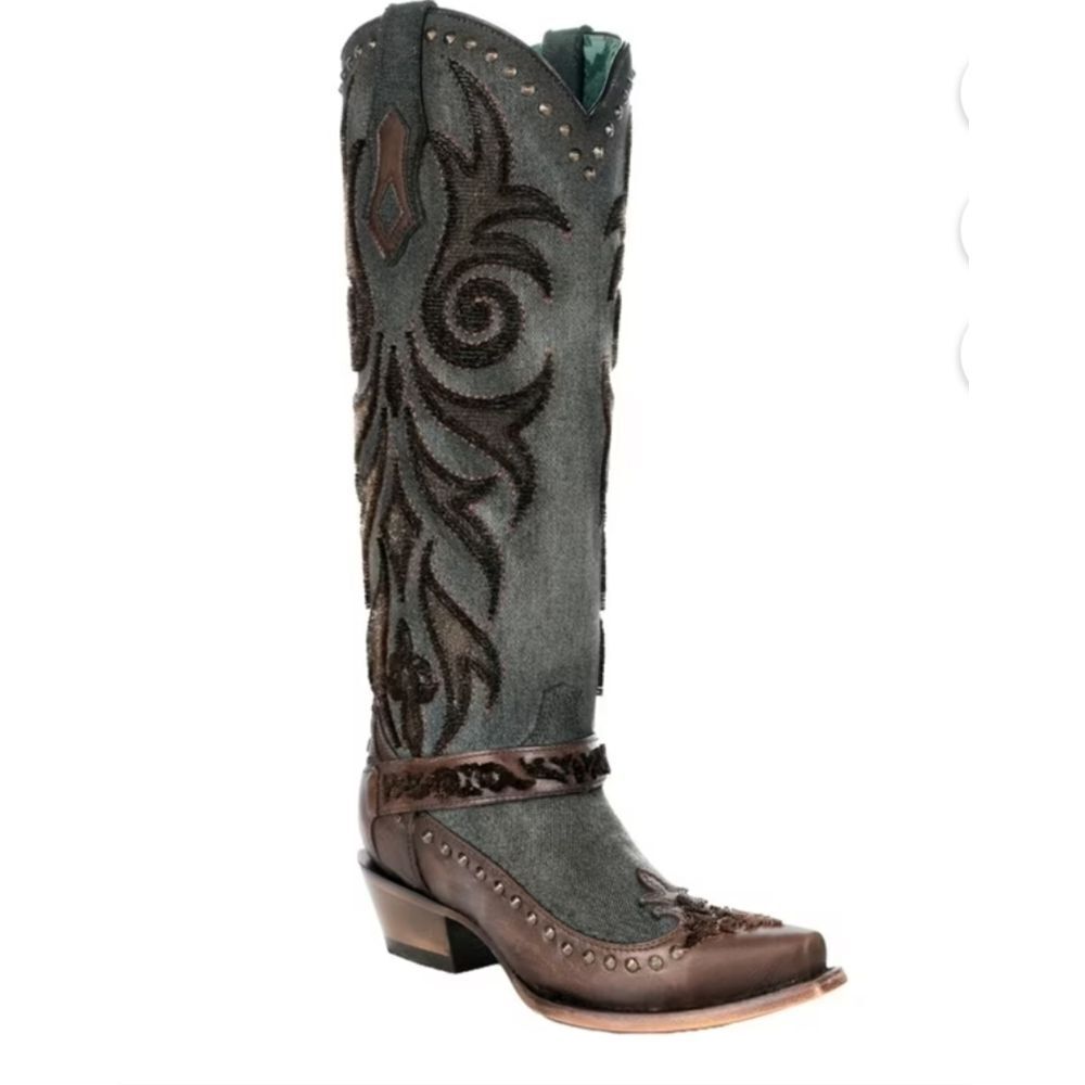 Corral Ladies Denim Bristle Embroidery & Studs Tall Western Boots